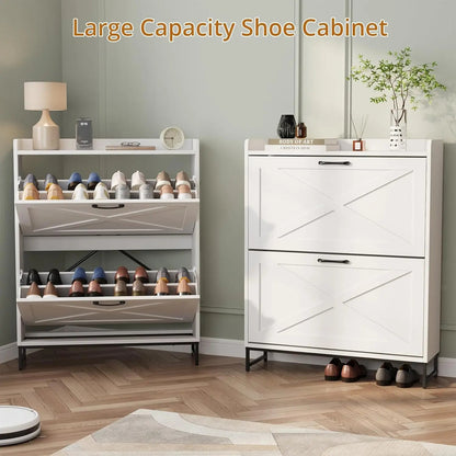 Farmhouse Shoe Storage Cabinet with 2 Flip Drawers – Freestanding Organizer with Metal Legs for Entryway, Narrow Shoe Rack