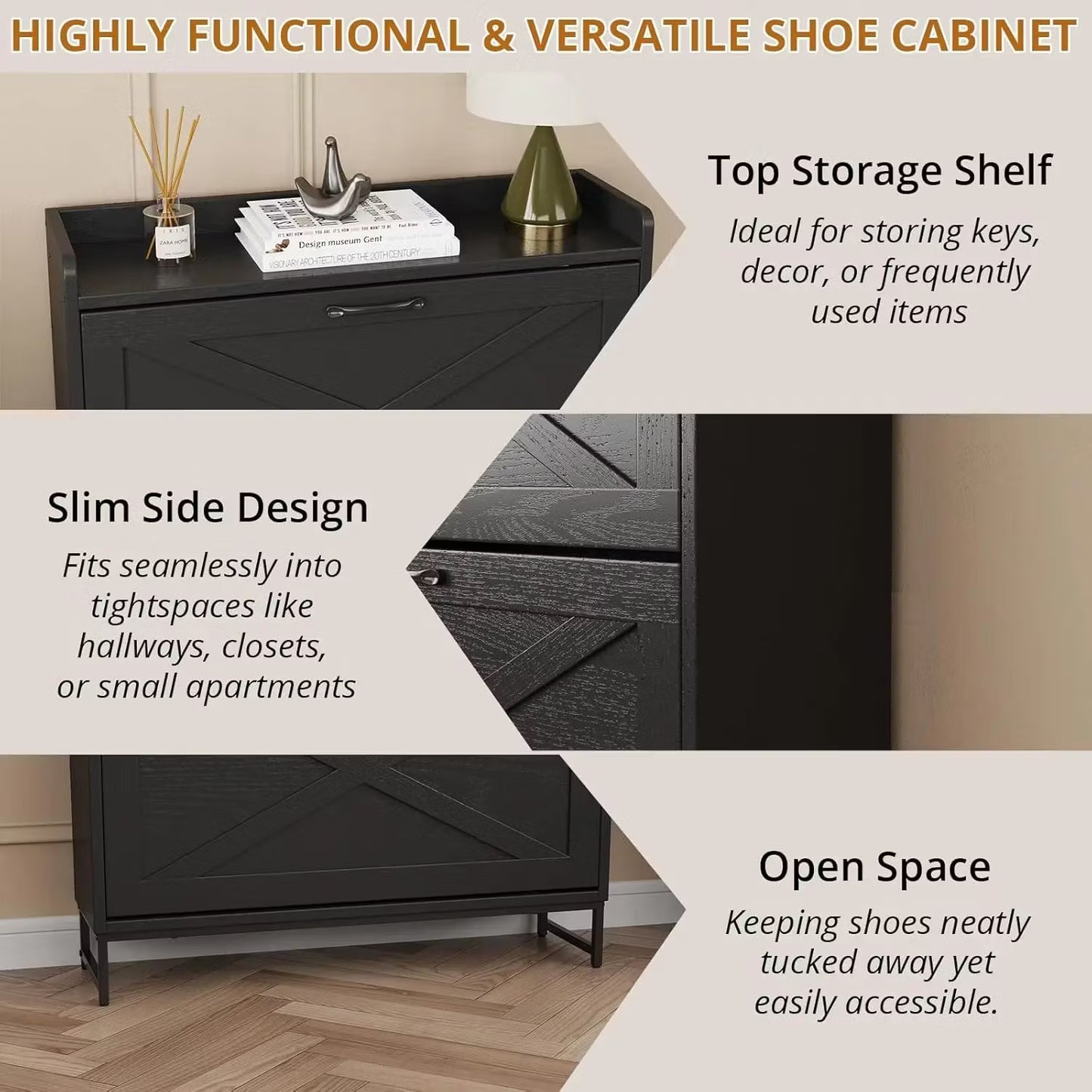 Farmhouse Shoe Storage Cabinet with 2 Flip Drawers – Freestanding Organizer with Metal Legs for Entryway, Narrow Shoe Rack