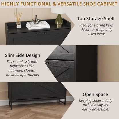Farmhouse Shoe Storage Cabinet with 2 Flip Drawers – Freestanding Organizer with Metal Legs for Entryway, Narrow Shoe Rack