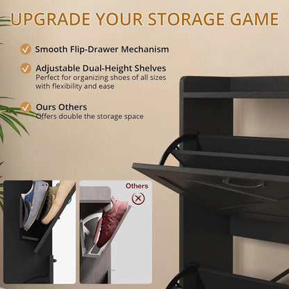 Farmhouse Shoe Storage Cabinet with 2 Flip Drawers – Freestanding Organizer with Metal Legs for Entryway, Narrow Shoe Rack
