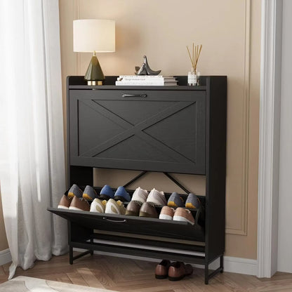 Farmhouse Shoe Storage Cabinet with 2 Flip Drawers – Freestanding Organizer with Metal Legs for Entryway, Narrow Shoe Rack
