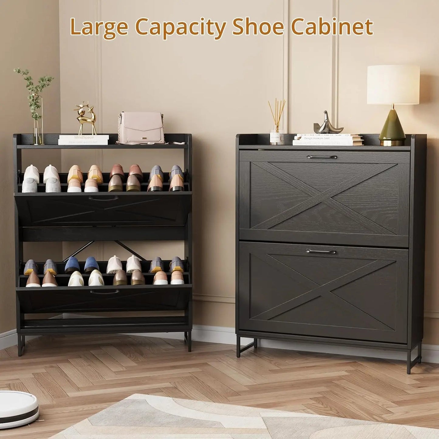 Farmhouse Shoe Storage Cabinet with 2 Flip Drawers – Freestanding Organizer with Metal Legs for Entryway, Narrow Shoe Rack