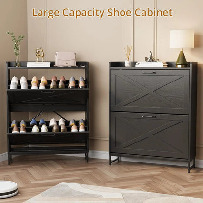 Farmhouse Shoe Storage Cabinet with 2 Flip Drawers – Freestanding Organizer with Metal Legs for Entryway, Narrow Shoe Rack