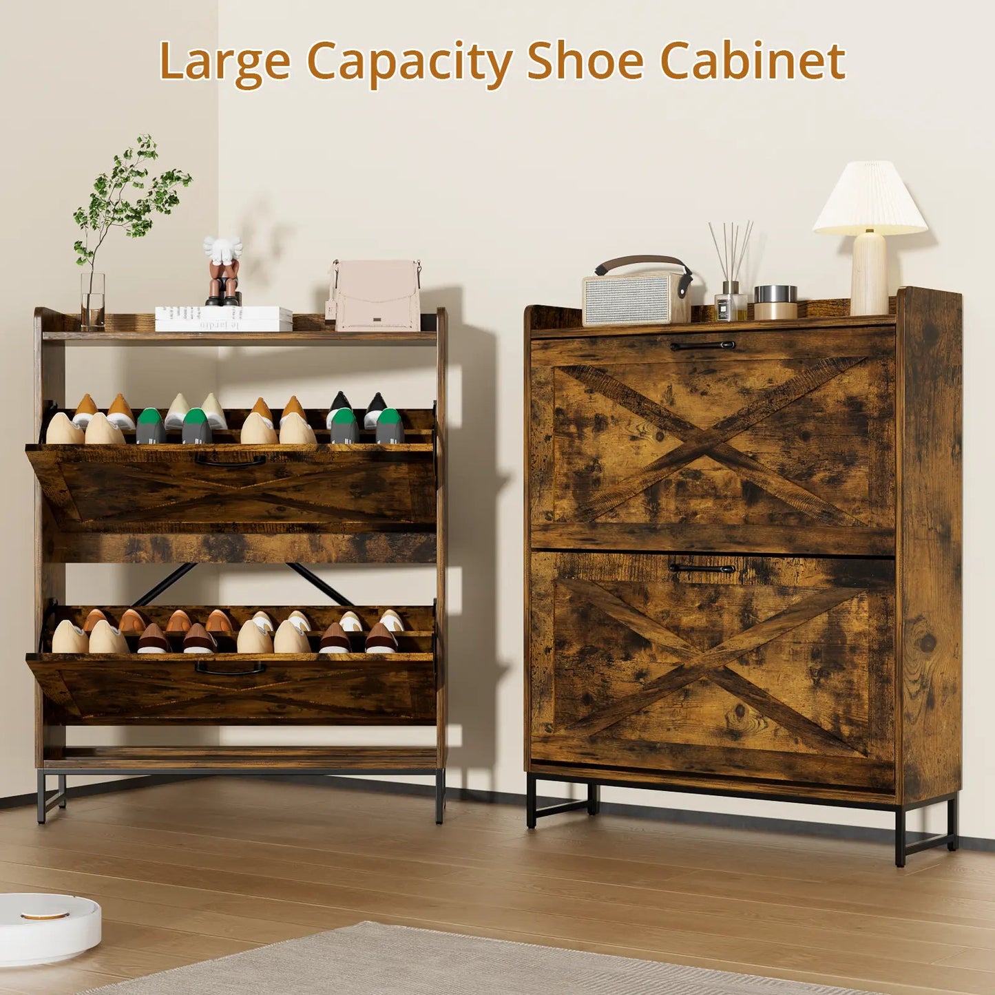 Farmhouse Shoe Storage Cabinet with 2 Flip Drawers – Freestanding Organizer with Metal Legs for Entryway, Narrow Shoe Rack