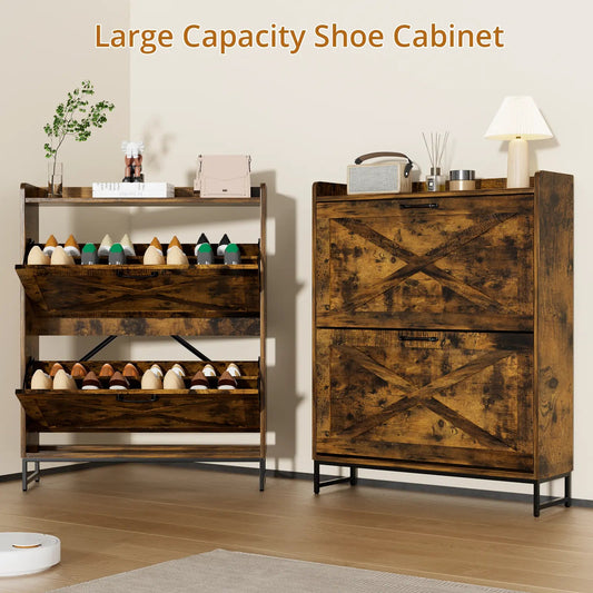 Farmhouse Shoe Storage Cabinet with 2 Flip Drawers – Freestanding Organizer with Metal Legs for Entryway, Narrow Shoe Rack